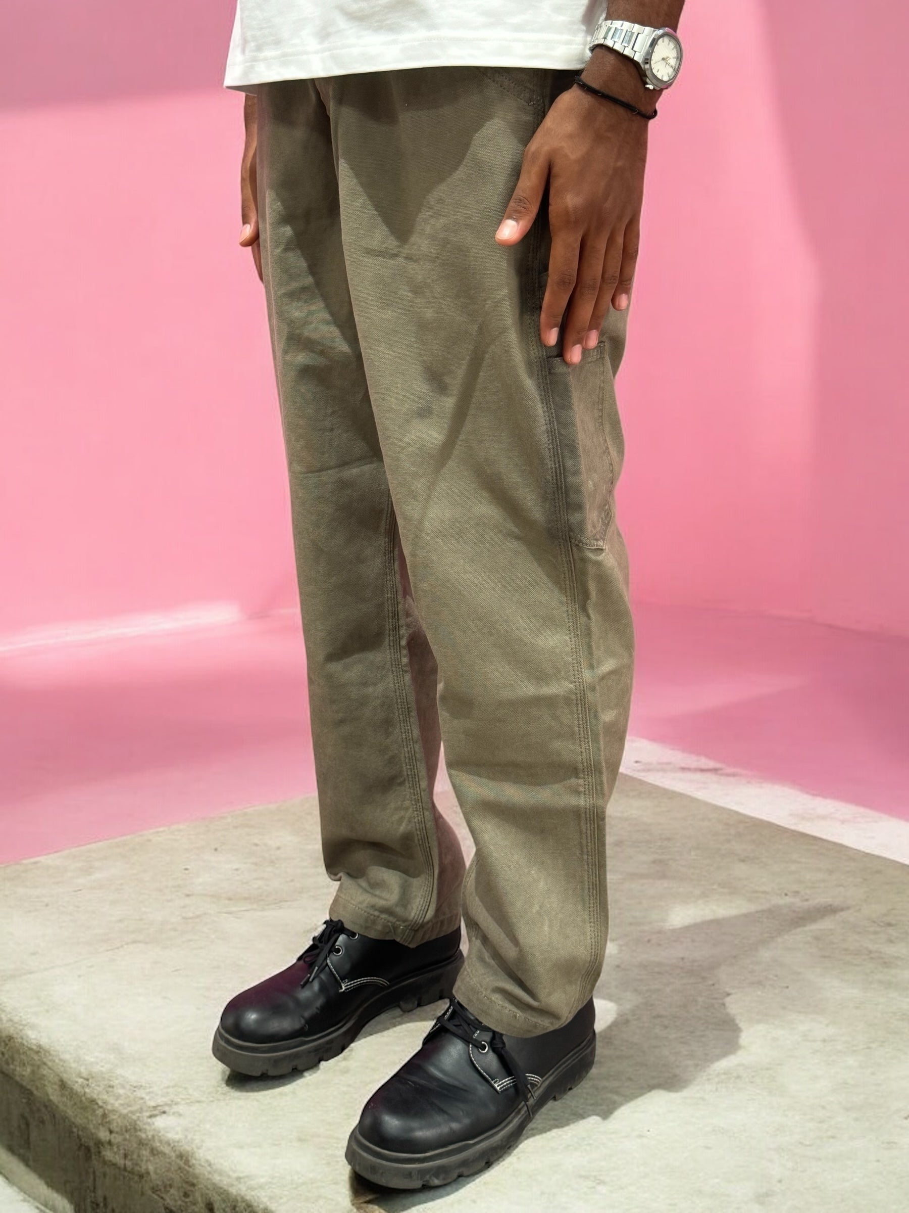 MILITARY GREEN WASHED DENIM EMBROIDERED FLAMES