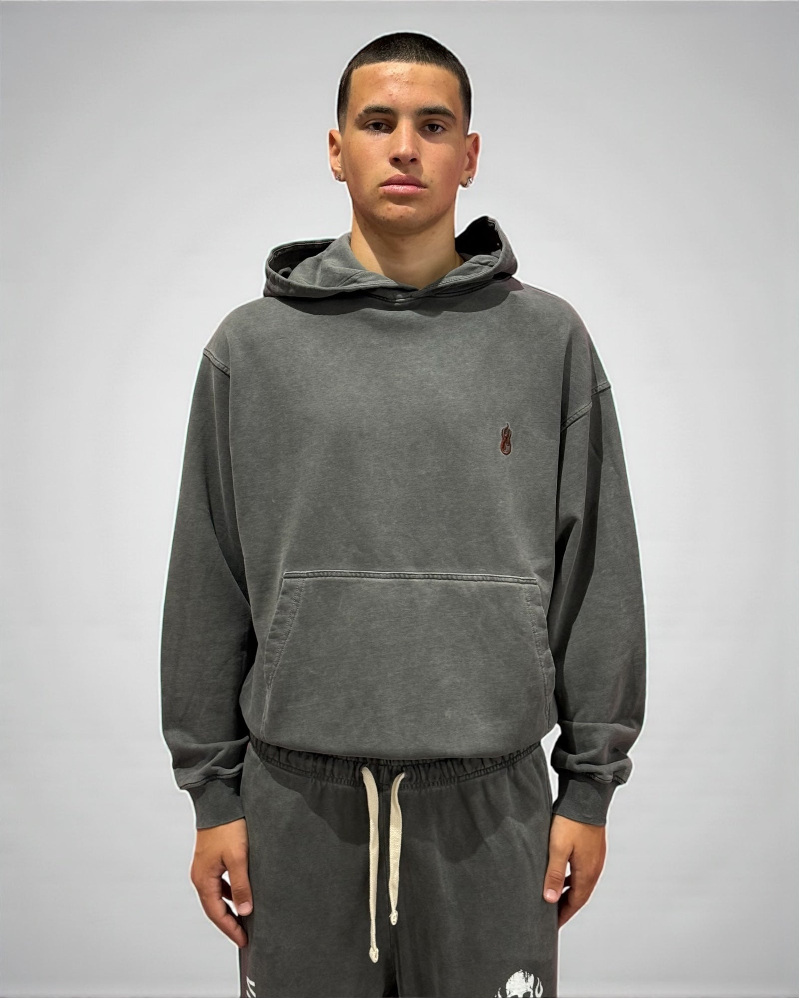 STONE WASH BLACK HOODIE WITH EMBROIDERED
