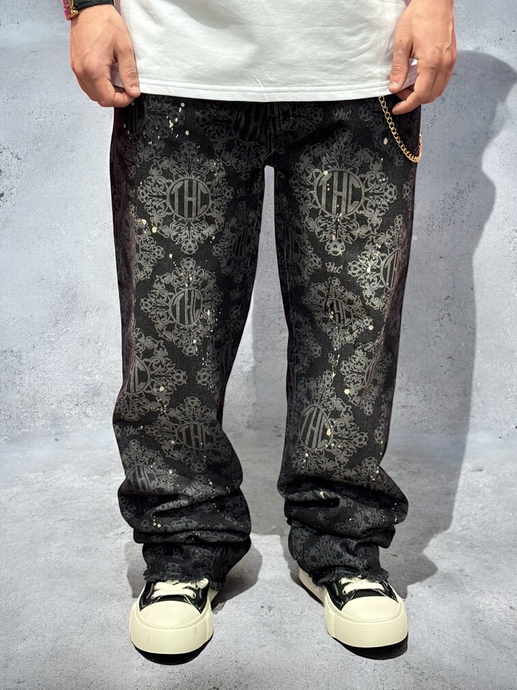 Laser Etched Painter Baggy Denim Jeans Black