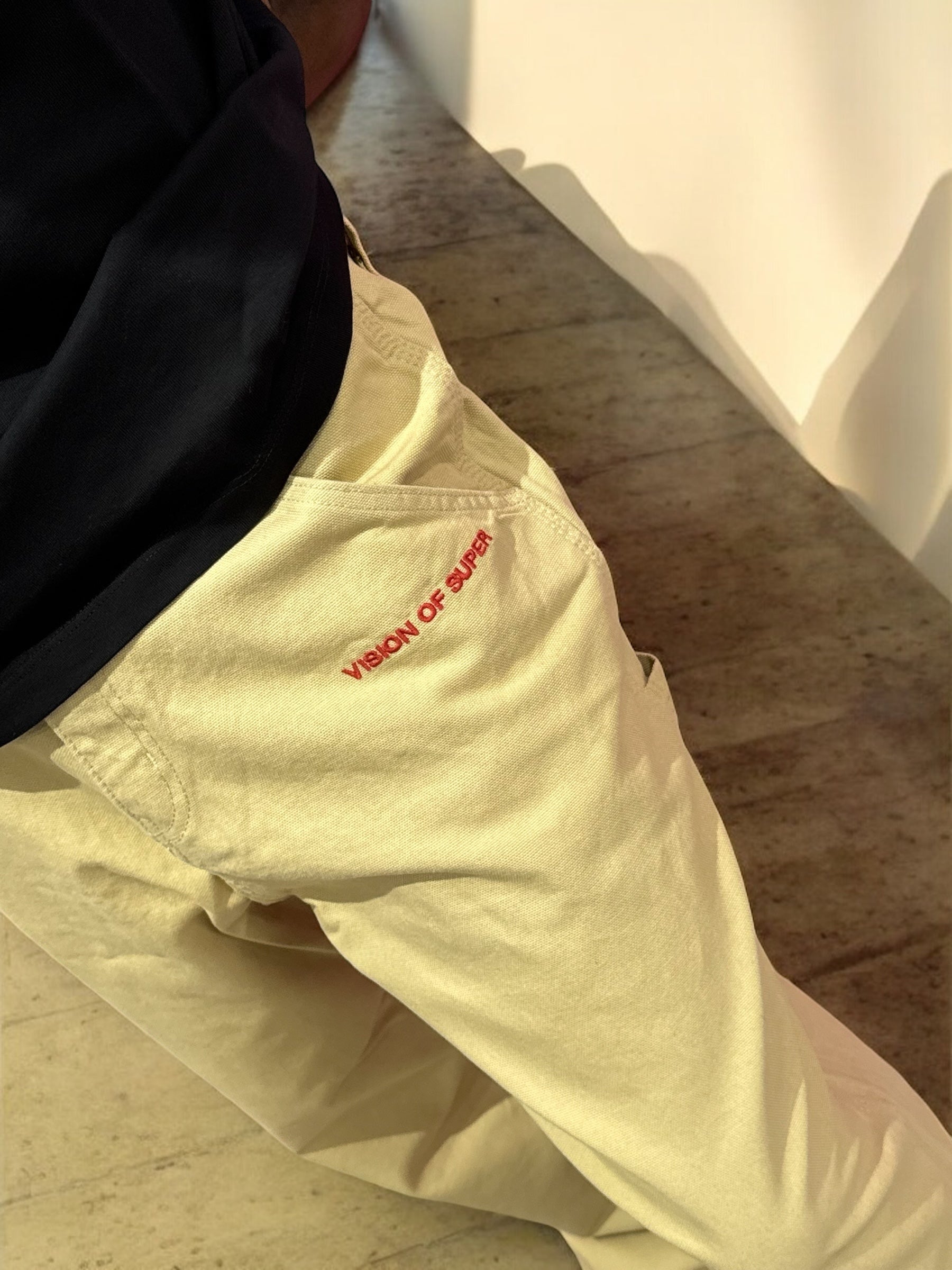 BEIGE WORKER DENIM EMBROIDERED FLAMES