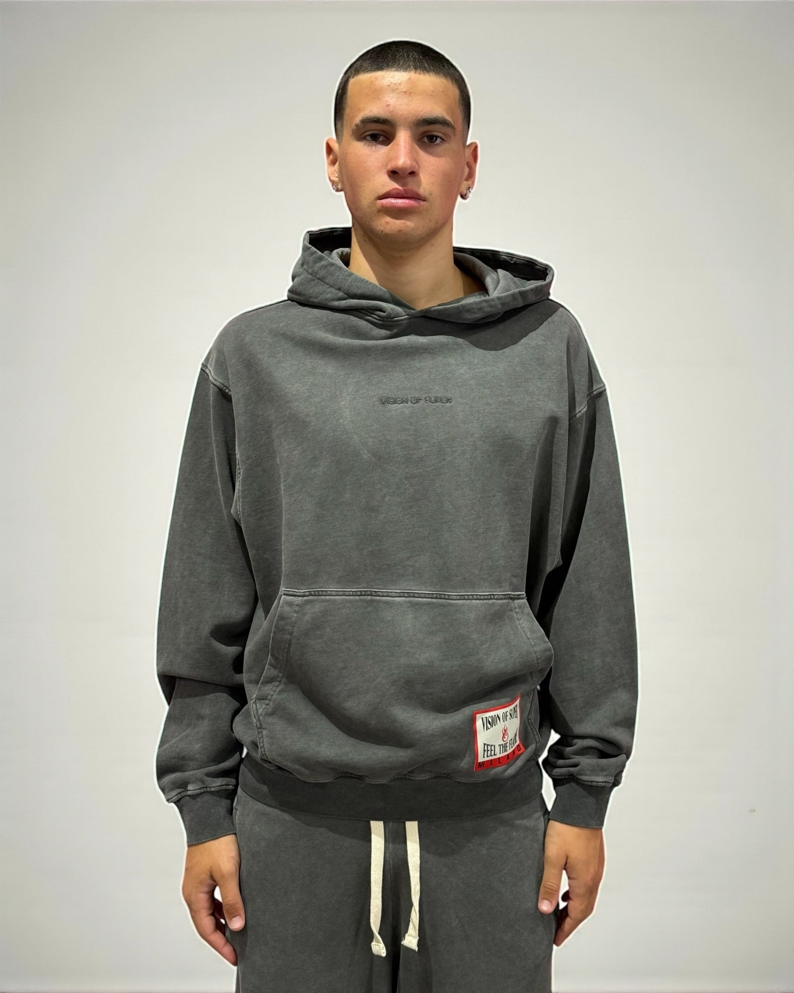 STONE WASH BLACK HOODIE WITH PATCH