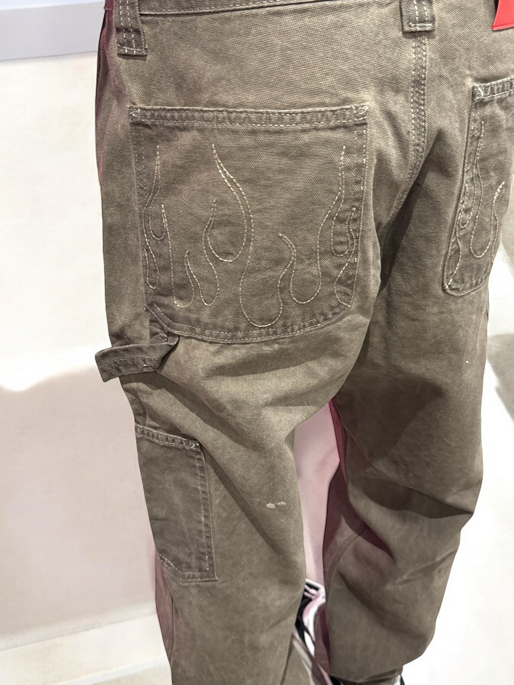 BROWN WASHED DENIM FLAMES ON POCKET