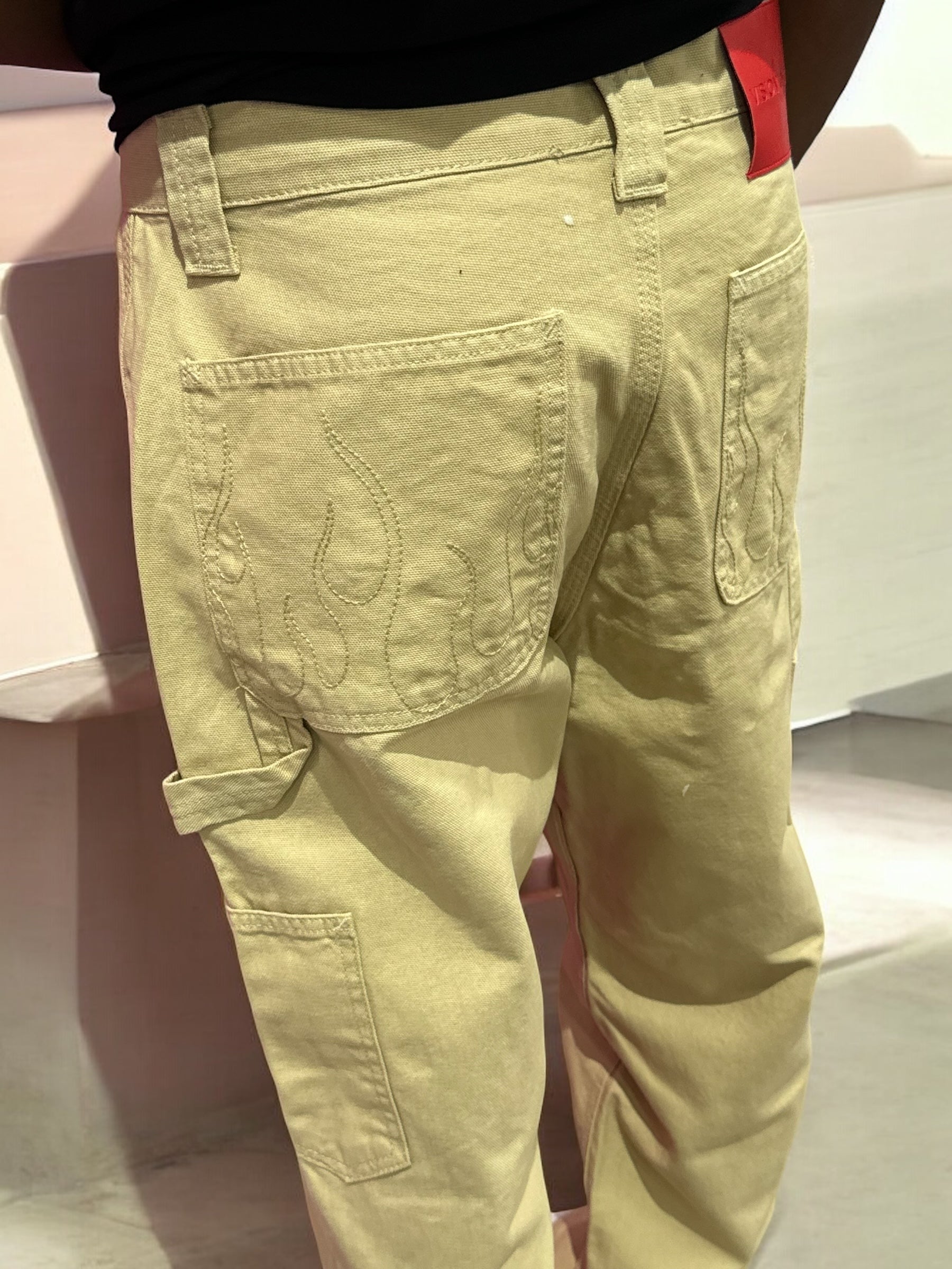 BEIGE WORKER DENIM EMBROIDERED FLAMES