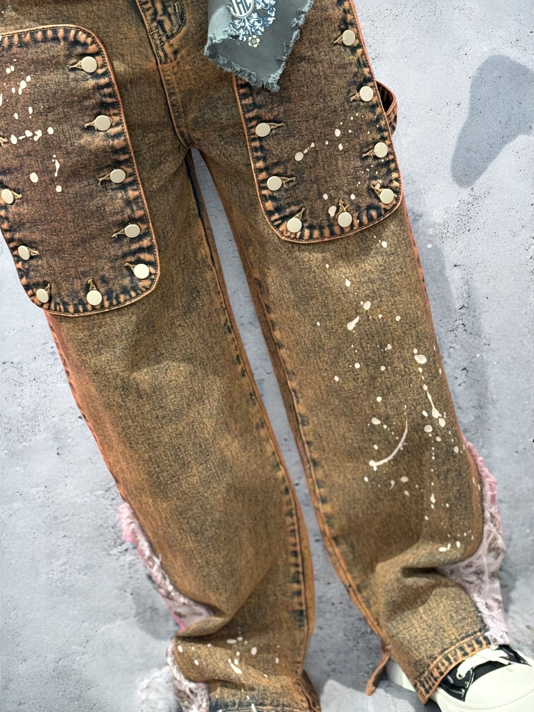 Tapestry Pattern Flared Denim Jeans BROWN