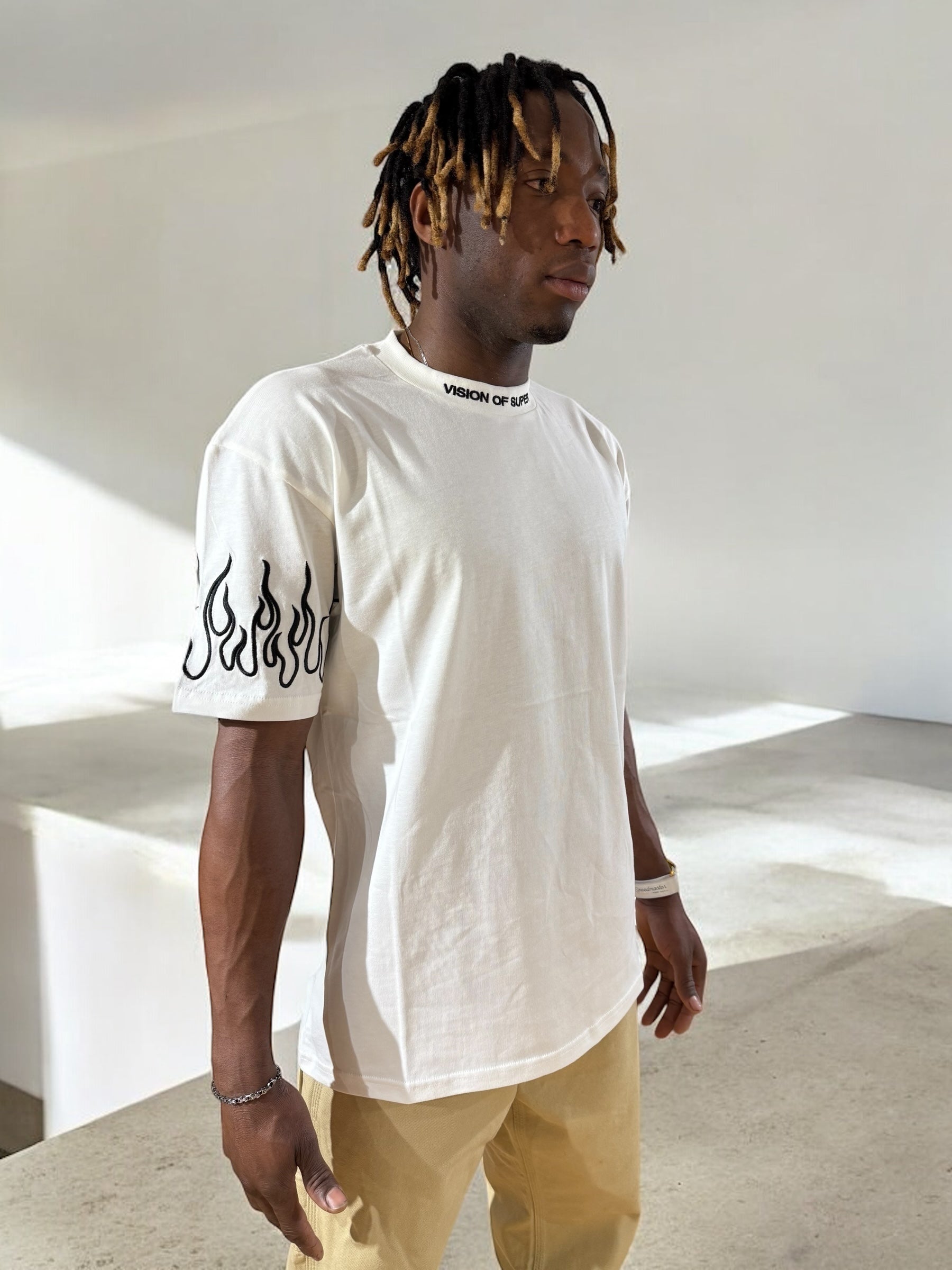 WHITE T-SHIRT WITH BLACK FLAMES