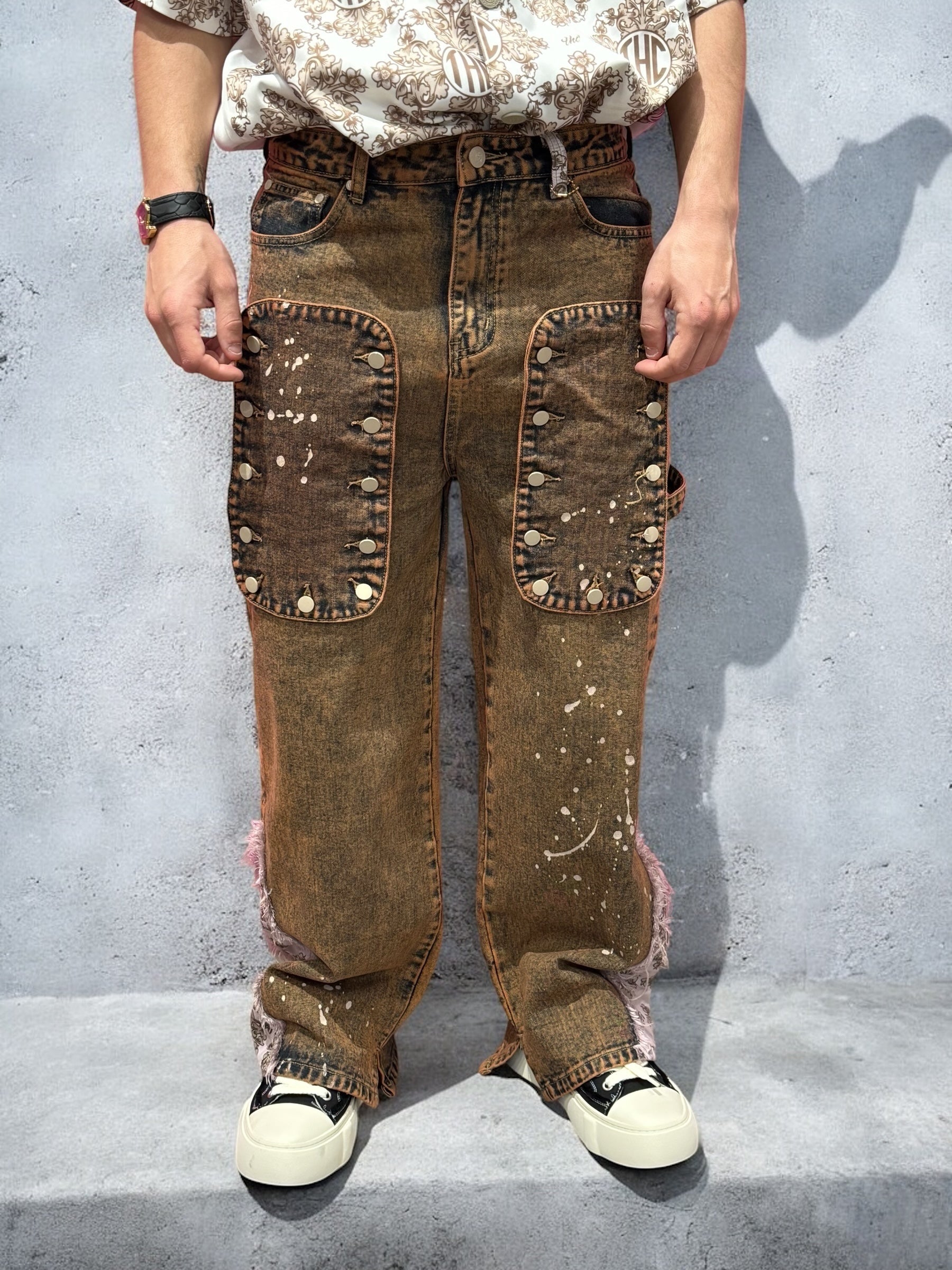 Tapestry Pattern Flared Denim Jeans BROWN