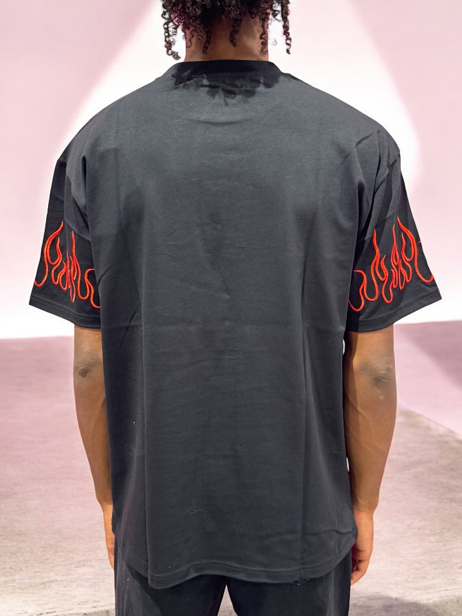 BLACK TSHIRT WITH RED EMBROIDERED FLAMES