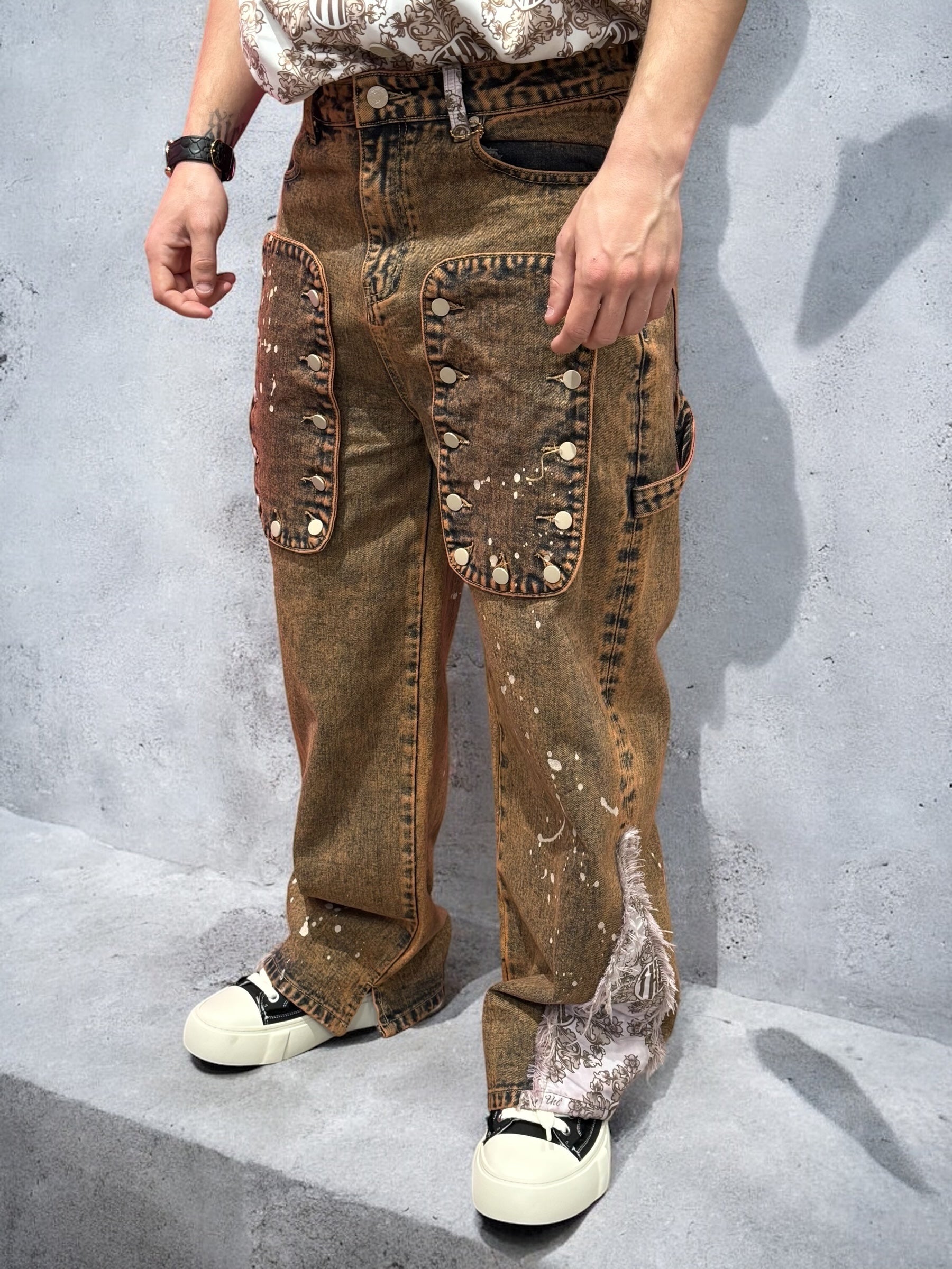 Tapestry Pattern Flared Denim Jeans BROWN