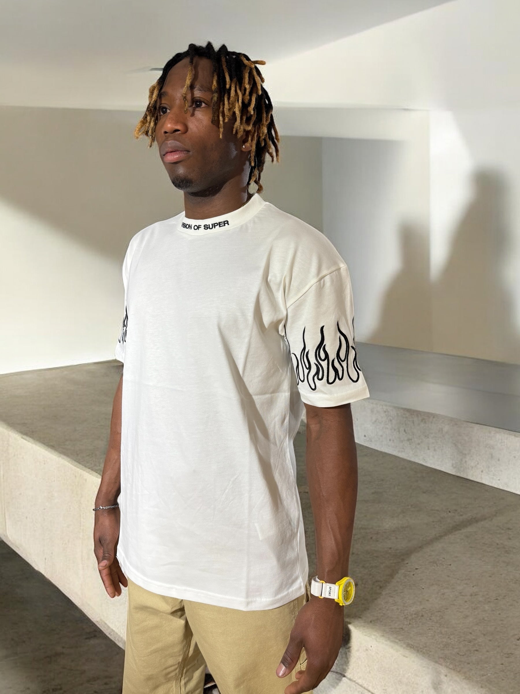 WHITE T-SHIRT WITH BLACK FLAMES
