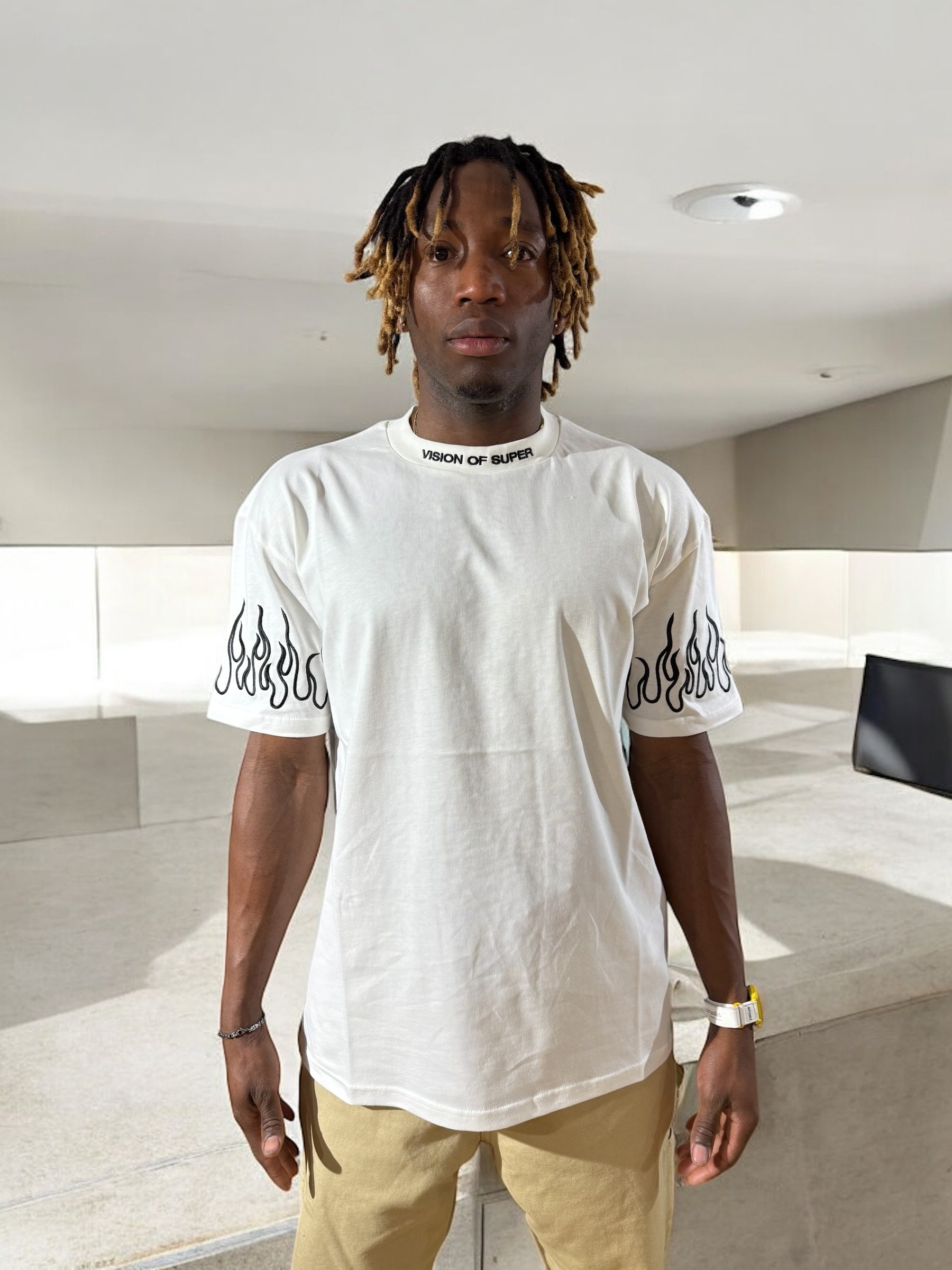 WHITE T-SHIRT WITH BLACK FLAMES
