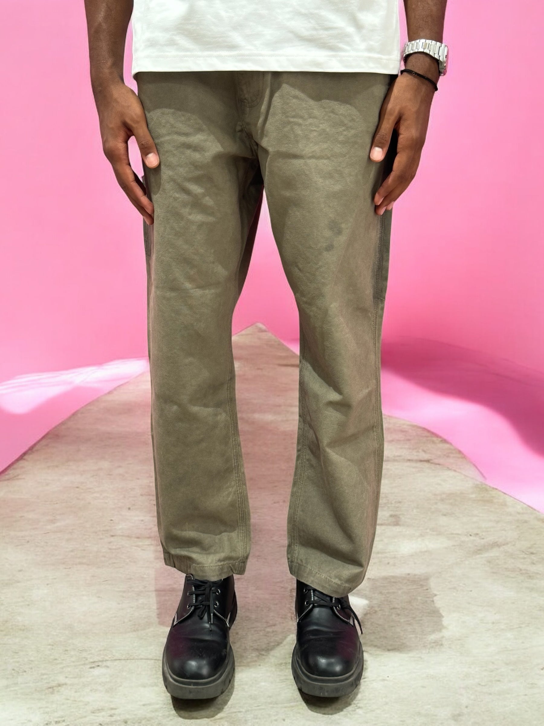 MILITARY GREEN WASHED DENIM EMBROIDERED FLAMES