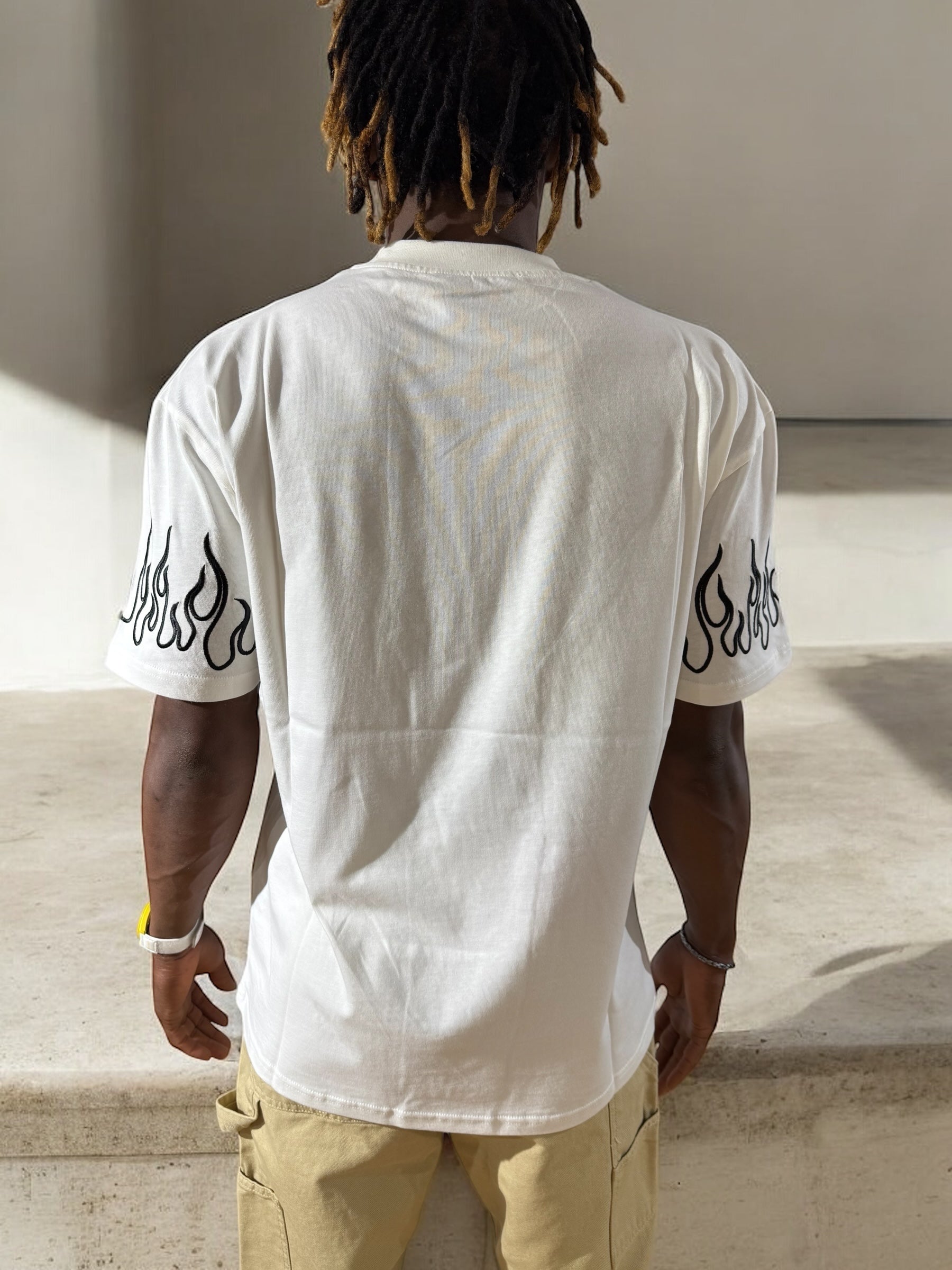 WHITE T-SHIRT WITH BLACK FLAMES