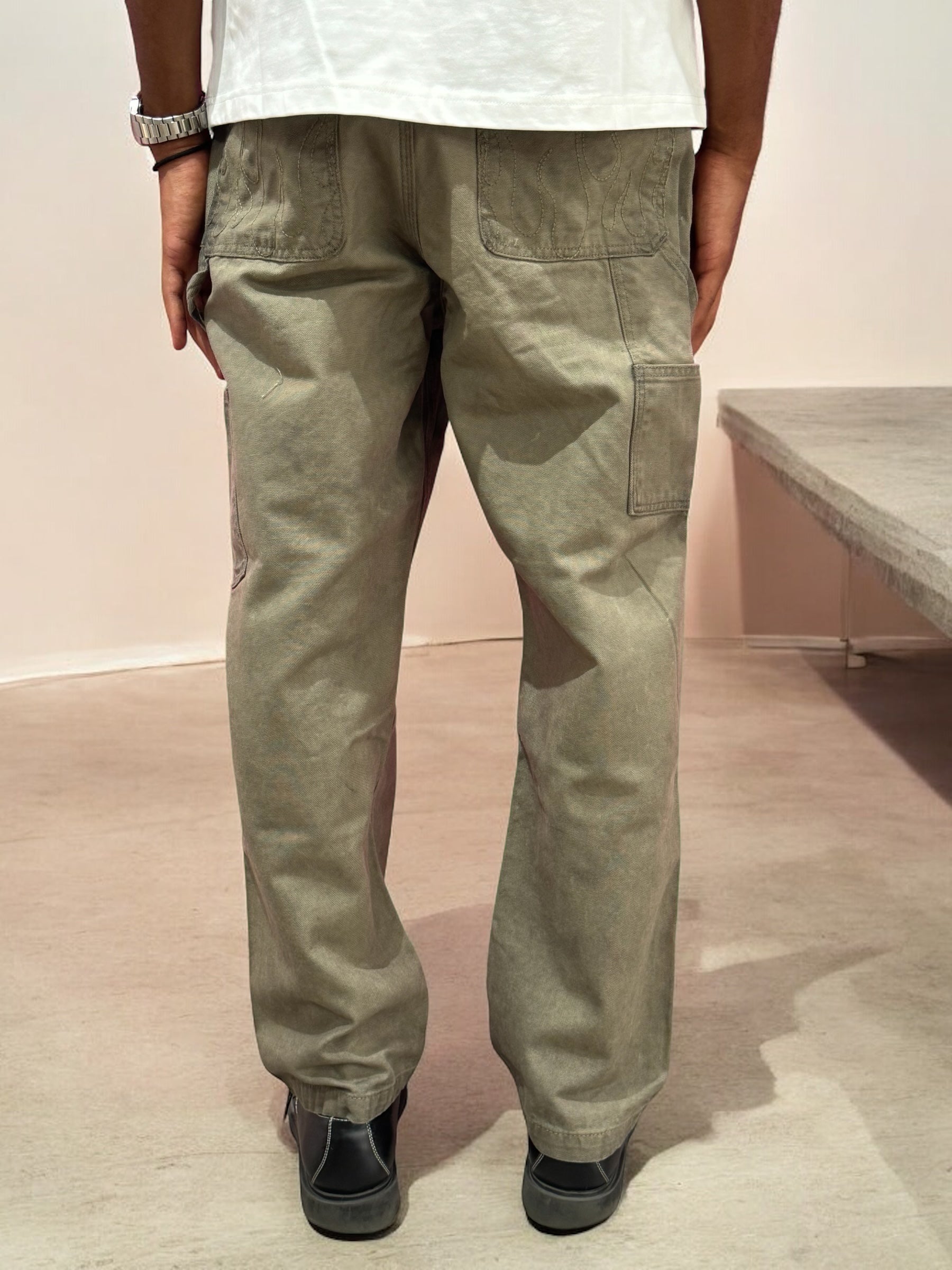 MILITARY GREEN WASHED DENIM EMBROIDERED FLAMES