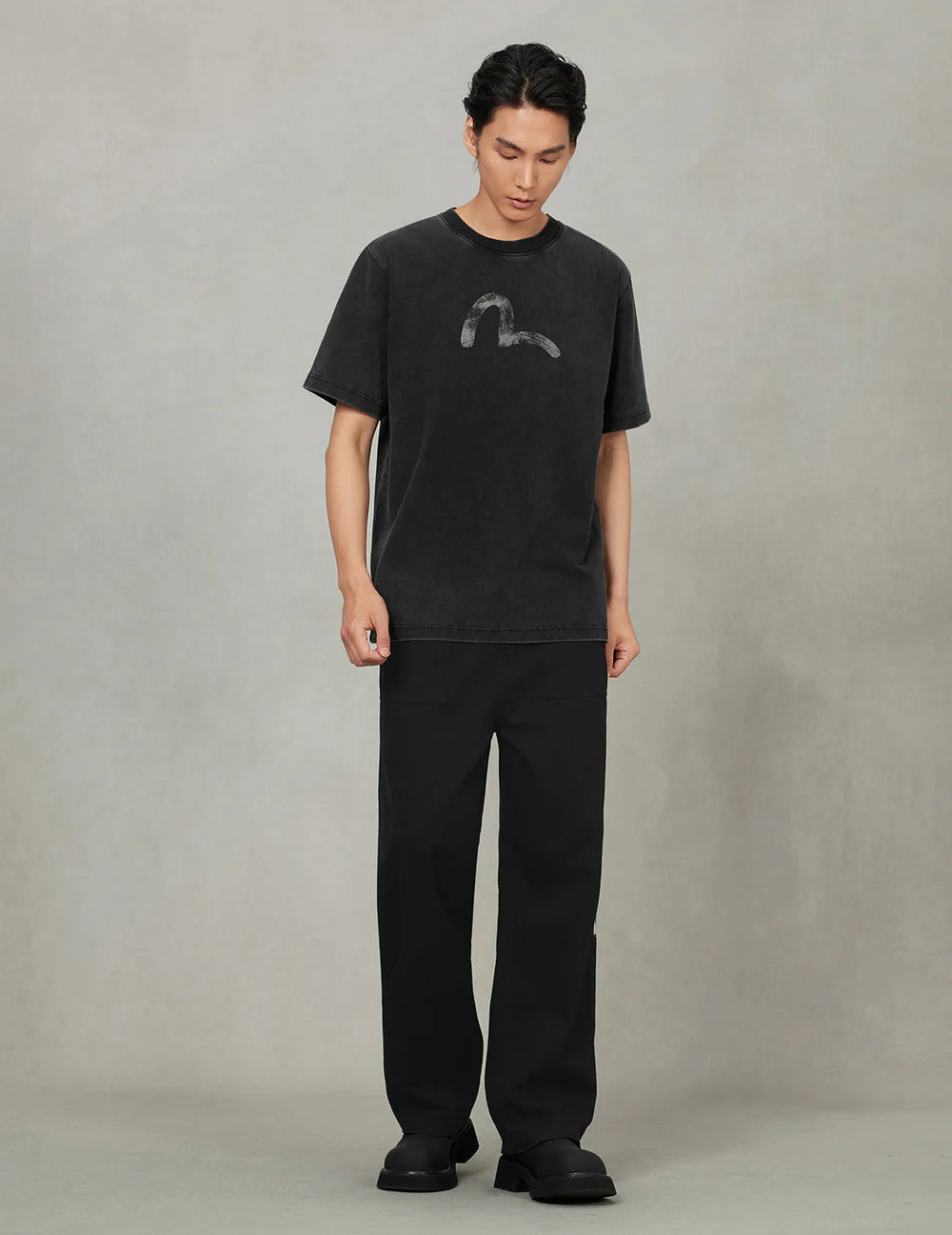 Hand-Drawn Seagull Print Relax Fit T-Shirt BLCK