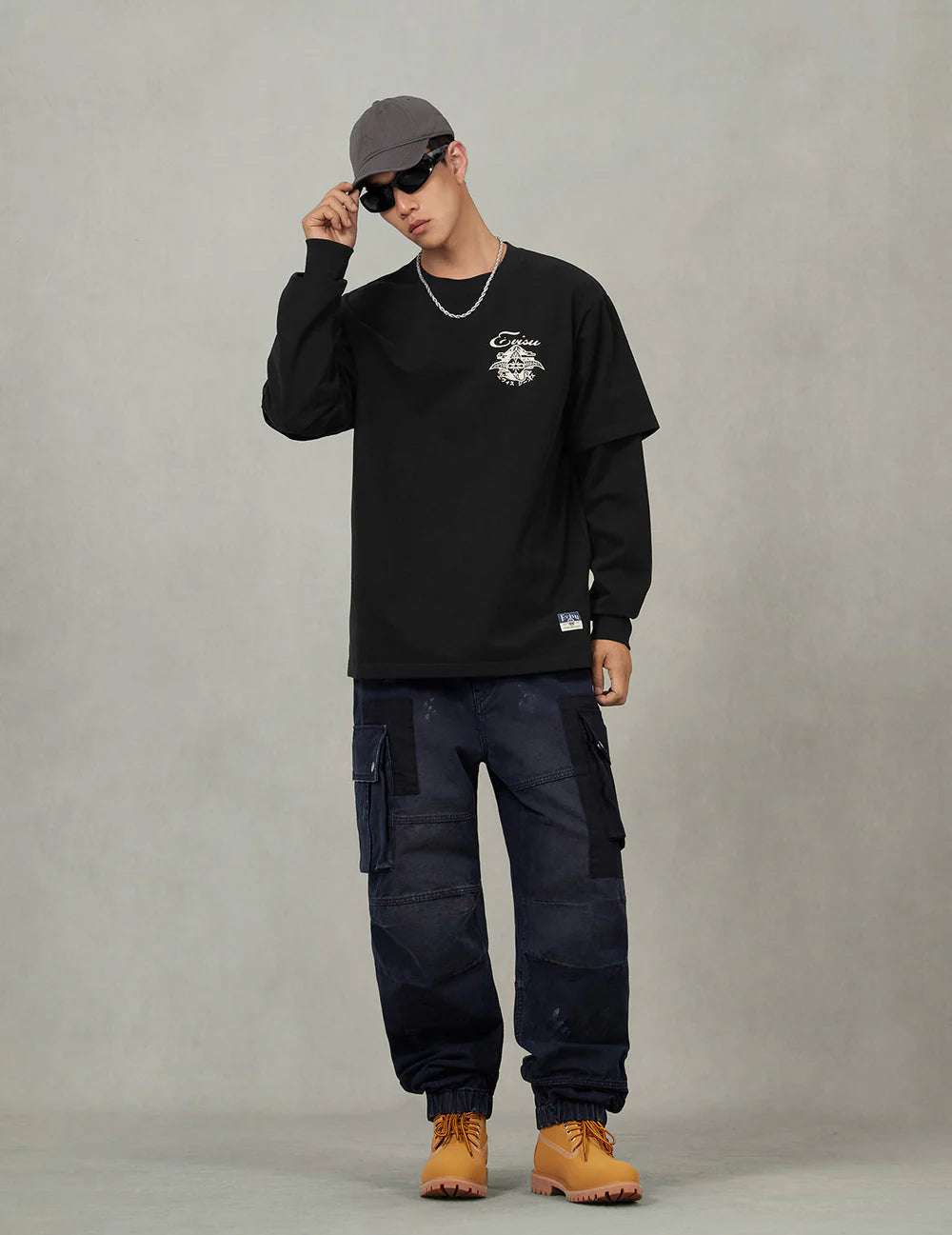 Sashiko-style Kamon Print Fashion Fit 2-in-1 Design Long-sleeve T-shirt