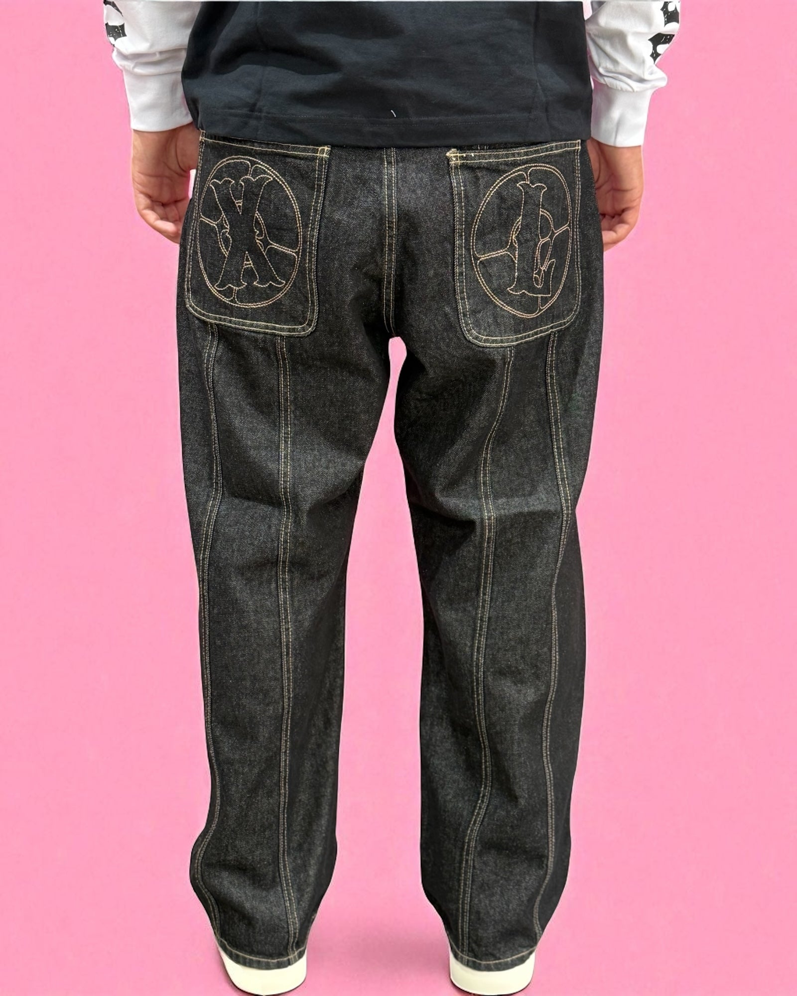 XL Embroidery Denim Pants BLACK
