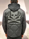 BLACK QUILTED JACKET WITH SKULL PATCH AND RED LABEL