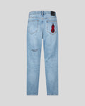 BLUE DENIM JEANS WITH PRINTED LOGO AND FLAMES PATCH